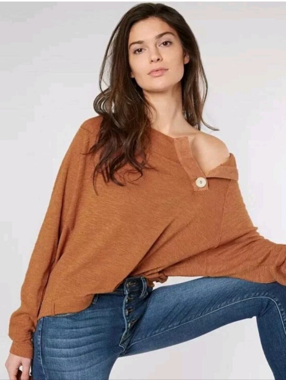 We The Free People Small Don’t Forget Me Cedar Button Neckline Top Shirt